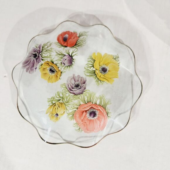 Chance Glass England Lot of 3 Anemone Floral Painted Serving Plate Pedestal Vtg - Picture 2 of 13